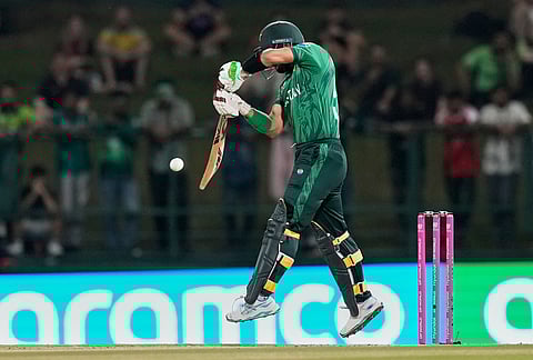 Pakistan's Sahibzada Farhan plays a shot during the T20 World Cup cricket match between England and Pakistan in Pallekele, Sri Lanka.