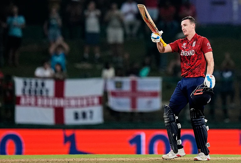 England's captain Harry Brook celebrates his century during the T20 World Cup cricket match between England and Pakistan in Pallekele, Sri Lanka. - | Photo: AP/Eranga Jayawardena