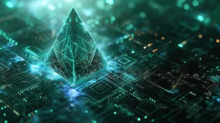 Glowing green pyramid on a futuristic circuit board
