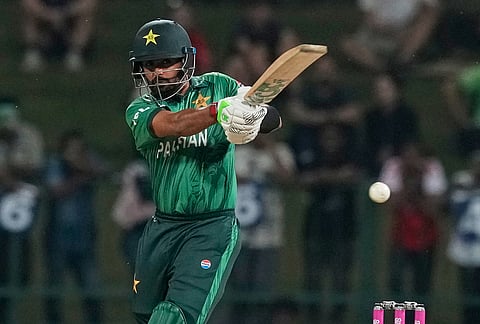 Pakistan's Babar Azam plays a shot during the T20 World Cup cricket match between England and Pakistan in Pallekele, Sri Lanka.