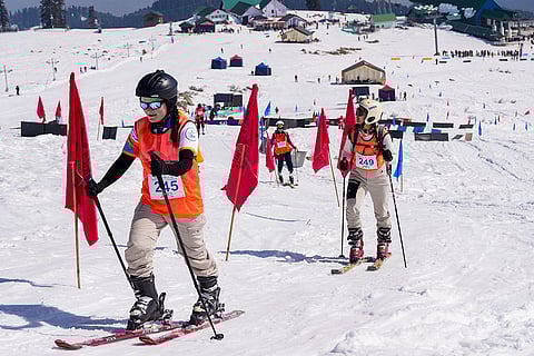 Participants during the women’s ski mountaineering vertical event at the 'Khelo India Winter Games 2026', in Gulmarg, Baramulla district, Jammu and Kashmir.