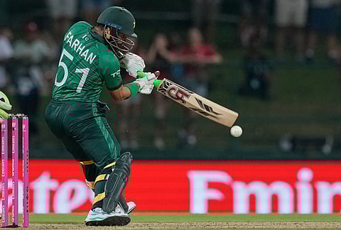 Pakistan's Sahibzada Farhan plays a shot during the T20 World Cup cricket match between England and Pakistan in Pallekele, Sri Lanka.