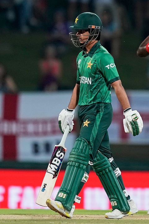 Pakistan's Saim Ayub leaves the ground after losing his wicket during the T20 World Cup cricket match between England and Pakistan in Pallekele, Sri Lanka.