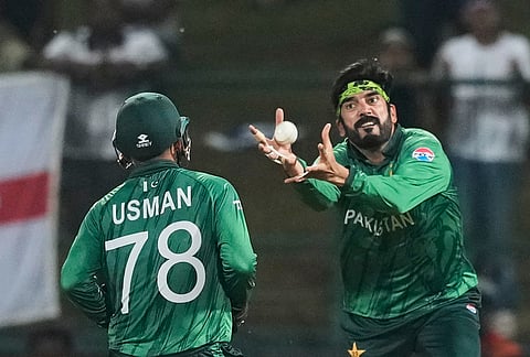 Pakistan's Usman Tariq drops a catch of England's Jacob Bethell during the T20 World Cup cricket match between England and Pakistan in Pallekele, Sri Lanka.