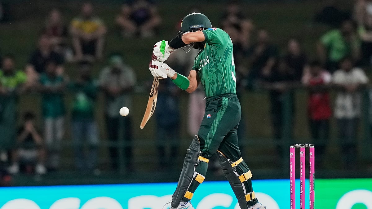 Pakistan's Sahibzada Farhan plays a shot during the T20 World Cup cricket match between England and Pakistan in Pallekele, Sri Lanka, Tuesday, Feb. 24, 2026.  - (AP Photo/Eranga Jayawardena)