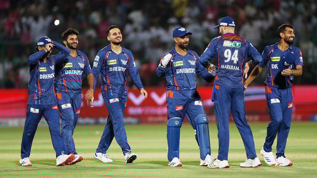 Lucknow Super Giants' players celebrate after winning the Indian Premier League cricket match against Rajasthan Royals at Sawai Mansingh Stadium in Jaipur, India, Sunday, April 20, 2025. 
 - (AP Photo/Surjeet Yadav)