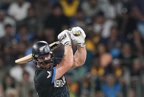 New Zealand's Glenn Phillips plays a shot during the T20 World Cup cricket match between Sri Lanka and New Zealand in Colombo, Sri Lanka.