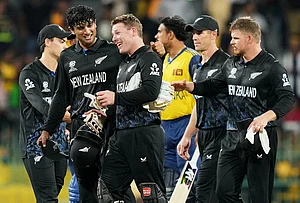 | Photo: AP/Eranga Jayawardena : New Zealand's Rachin Ravindra and Tim Seifert have a chat after winning the T20 World Cup cricket match between Sri Lanka and New Zealand in Colombo, Sri Lanka.