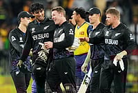 | Photo: AP/Eranga Jayawardena : New Zealand's Rachin Ravindra and Tim Seifert have a chat after winning the T20 World Cup cricket match between Sri Lanka and New Zealand in Colombo, Sri Lanka.