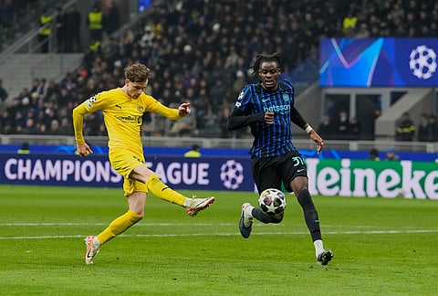 Glimt's Hakon Evjen scores his side's second goal during a Champions League playoff soccer match between Inter Milan and Bodo Glimt, at the San Siro stadium in Milan, Italy.
