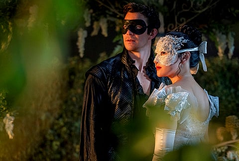 A still from the set of 'Bridgerton 4', starring Luke Thompson and Yerin Ha as Benedict Bridgerton and Sophie Baek. 