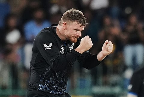 New Zealand's Glenn Phillips celebrates the wicket of Sri Lanka's Dunith Wellalage during the T20 World Cup cricket match between Sri Lanka and New Zealand in Colombo, Sri Lanka.