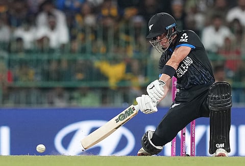 New Zealand's Cole McConchie plays a shot during the T20 World Cup cricket match between Sri Lanka and New Zealand in Colombo, Sri Lanka.