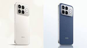 Rear view of two smartphones, one white and one blue, with large triple-camera modules.