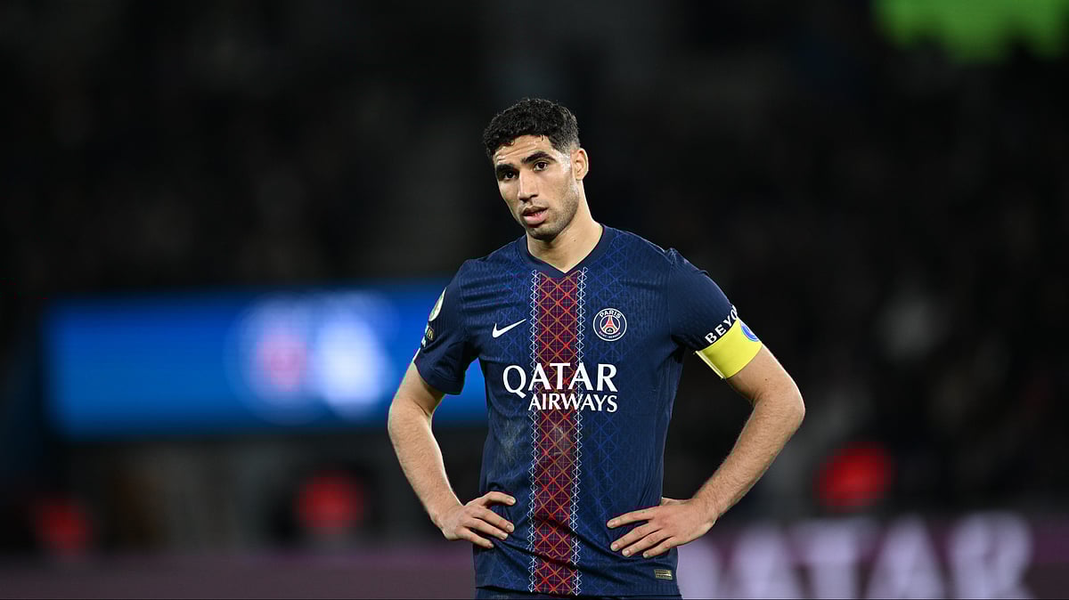 PSG's Achraf Hakimi reacts during the French League 1 match between Paris Saint-Germain and Metz in Paris, France, Saturday, Feb. 21, 2026.  - | Photo: AP/EMMA DA SILVA