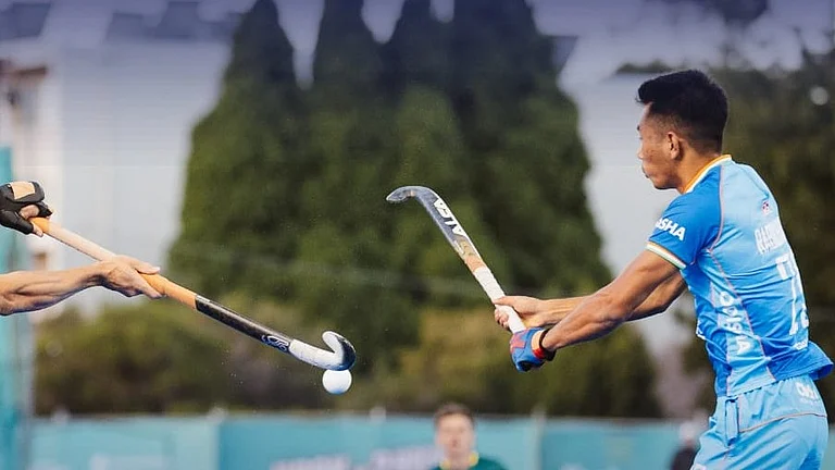 Indian hockey players in action against Australia in FIH Pro League 2025-26 at Hobart. - TheHockeyIndia/X