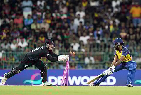 New Zealand's Tim Seifert stumps out Sri Lanka's Pavan Rathnayake during the T20 World Cup cricket match between Sri Lanka and New Zealand in Colombo, Sri Lanka.