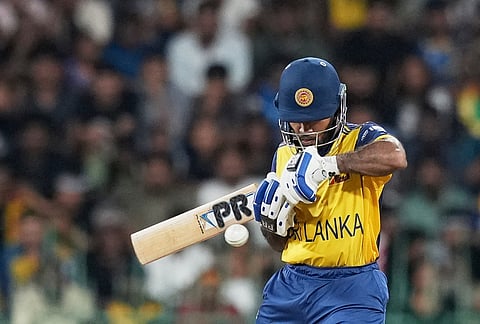 Sri Lanka's Pavan Rathnayake plays a shot during the T20 World Cup cricket match between Sri Lanka and New Zealand in Colombo, Sri Lanka.