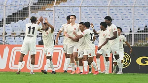 | Photo: AIFF : SC Delhi players celebrates after Augustine Lalrochana's goal against East Bengal during their Indian Super League match on February 21, 2026.