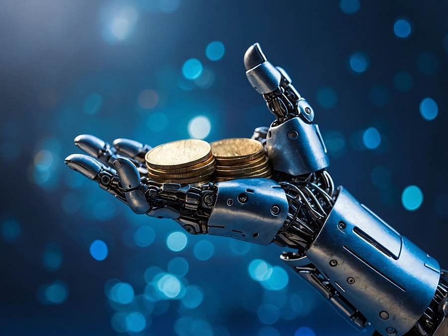 A robot hand holding coins
