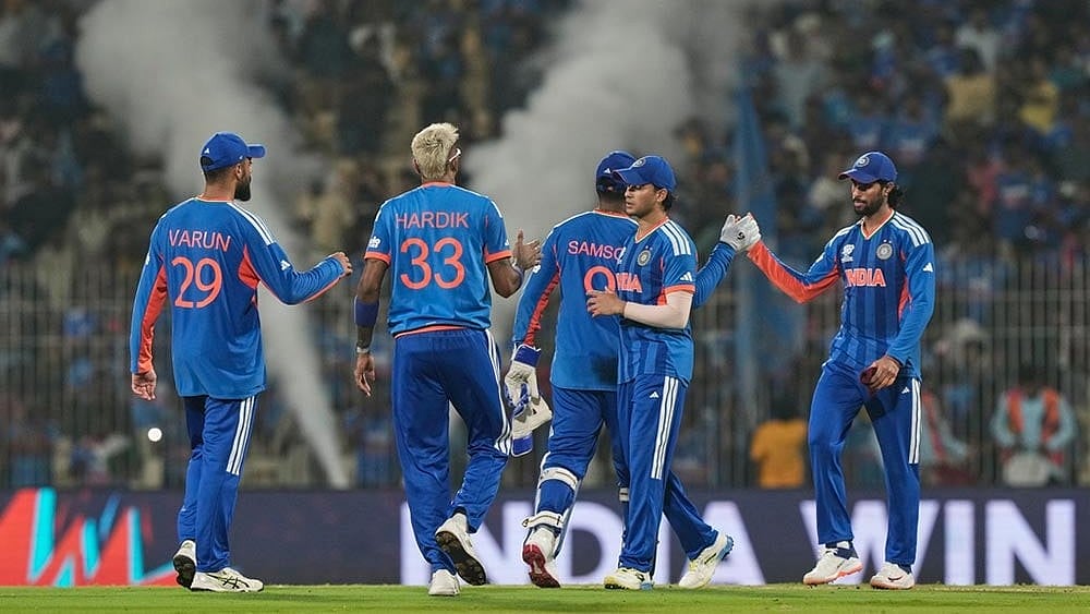 | Photo: AP/Mahesh Kumar A. : Indian players celebrate after winning the T20 World Cup cricket match between India and Zimbabwe in Chennai, India.