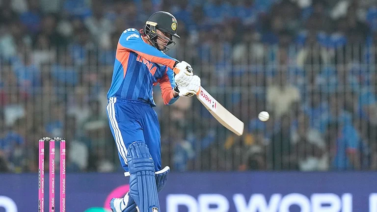 India's Abhishek Sharma plays a shot during the T20 World Cup cricket match between India and Zimbabwe in Chennai, India, Thursday, Feb. 26, 2026. - AP Photo/Mahesh Kumar A.