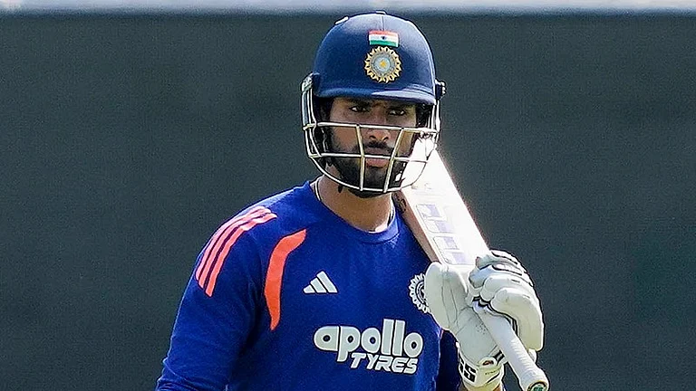 Tilak Varma bats in a training session ahead of the ICC T20 World Cup 2026 match between India and Zimbabwe at MA Chidambaram Stadium in Chennai. - PTI