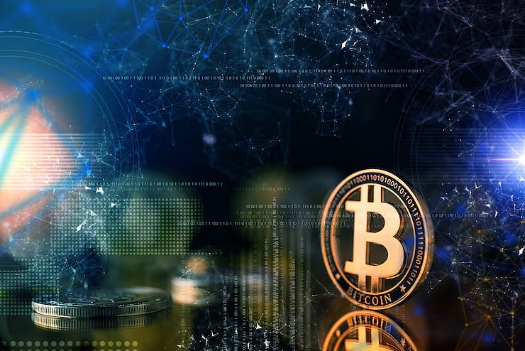 A gold Bitcoin coin reflected on a surface against a dark blue digital network background.