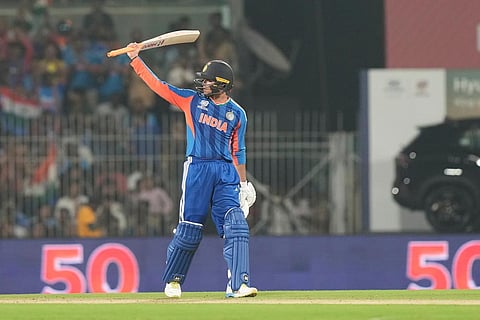 India's Abhishek Sharma celebrates his fifty runs during the T20 World Cup cricket match between India and Zimbabwe in Chennai, India, Thursday, Feb. 26, 2026. ()