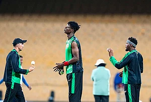 | Photo: PTI/R Senthilkumar : Zimbabwe's Blessing Muzarabani, centre, during a training session ahead of the ICC Men's T20 World Cup 2026 cricket match between India and Zimbabwe, at MA Chidambaram Stadium, in Chennai.