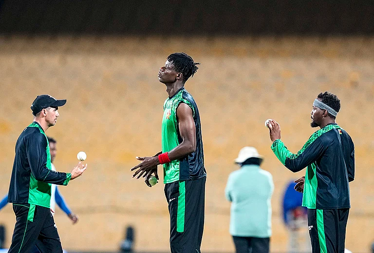 Zimbabwe's Blessing Muzarabani, centre, during a training session ahead of the ICC Men's T20 World Cup 2026 cricket match between India and Zimbabwe, at MA Chidambaram Stadium, in Chennai. - | Photo: PTI/R Senthilkumar