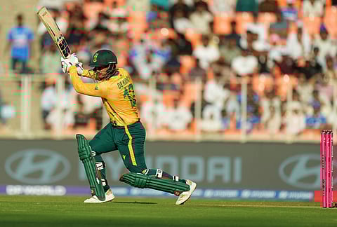 South Africa's Quinton de Kock plays a shot during the T20 World Cup cricket match between South Africa and West Indies in Ahmedabad.