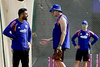 | Photo: PTI/R Senthilkumar : India's Varun Chakaravarthy, left, during a training session ahead of the ICC Men's T20 World Cup 2026 cricket match between India and Zimbabwe, at MA Chidambaram Stadium, in Chennai.