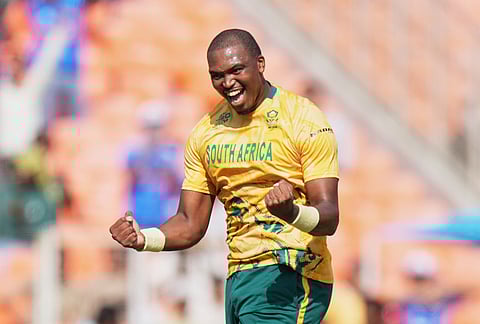 South Africa's Lungi Ngidi celebrates the wicket of West Indies' Roston Chase during the T20 World Cup cricket match between South Africa and West Indies in Ahmedabad.