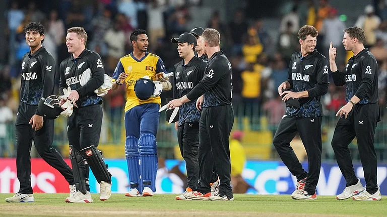 New Zealand's players celebrate after winning the T20 World Cup match against Sri Lanka in Colombo. - AP