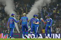 India Vs Zimbabwe, T20 World Cup 2026: Men in Blue Outclass ZIM By 72 Runs In Super 8 Clash | Photo: AP/Mahesh Kumar A. : Indian players celebrate after winning the T20 World Cup cricket match between India and Zimbabwe in Chennai, India.
