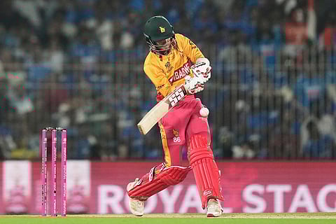 Zimbabwe's Brian Bennett plays a shot during the T20 World Cup cricket match between India and Zimbabwe in Chennai, India.