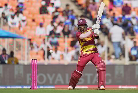 West Indies' Brandon King bats during the T20 World Cup cricket match between South Africa and West Indies in Ahmedabad.