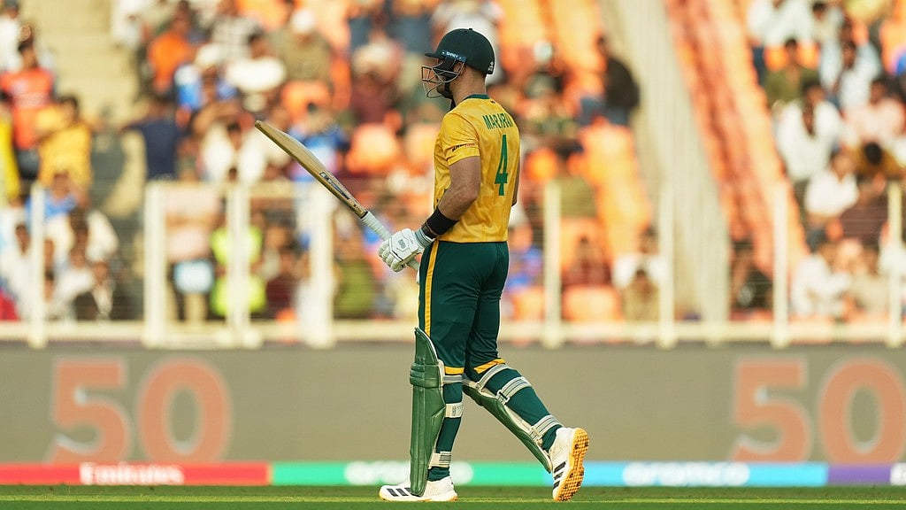 South Africa's captain Aiden Markram celebrates his fifty runs during the T20 World Cup cricket match between South Africa and West Indies in Ahmedabad, India, Thursday, Feb. 26, 2026. - AP Photo/Ajit Solanki