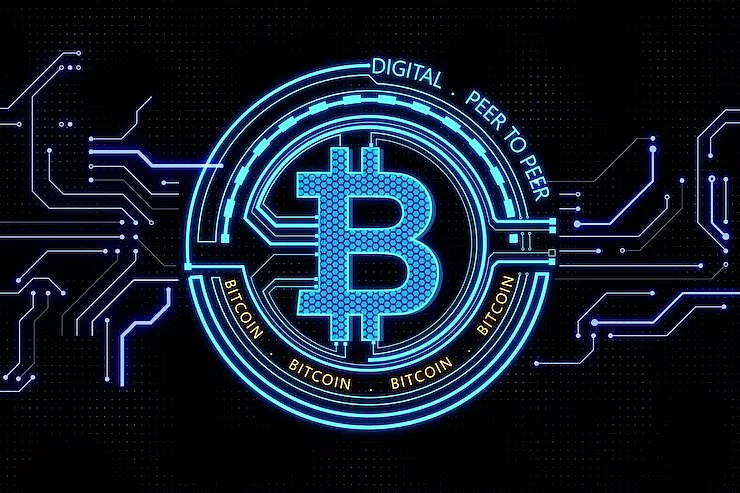 Glowing blue Bitcoin symbol on circuit background