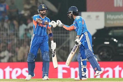 India's Hardik Pandya, left, fist bumps his batting partner Tilak Varma during the T20 World Cup cricket match between India and Zimbabwe in Chennai, India.