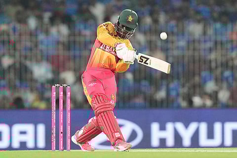 Zimbabwe's Tadiwanashe Marumani plays a shot during the T20 World Cup cricket match between India and Zimbabwe in Chennai, India.