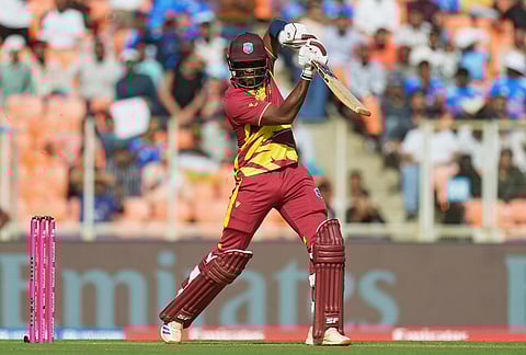 West Indies' Matthew Forde plays a shot during the T20 World Cup cricket match between South Africa and West Indies in Ahmedabad.