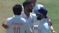 BCCIdomestic/X : Auqib Nabi celebrating with Jammu and Kashmir teammates after dismissing KL Rahul, Karun Nair and Smaran Ravichandran in Ranji Trophy 2025-26 final. 