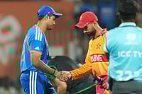 India Vs Zimbabwe, T20 World Cup Super Eights: See Best Photos From Chennai | Photo: AP/Mahesh Kumar A. : India's captain Suryakumar Yadav shakes hand with Zimbabwe's captain Sikandar Raza during the toss at the start of the T20 World Cup cricket match between India and Zimbabwe in Chennai, India.