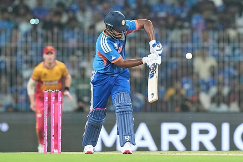 India's Sanju Samson plays a shot during the T20 World Cup cricket match between India and Zimbabwe in Chennai, India.
