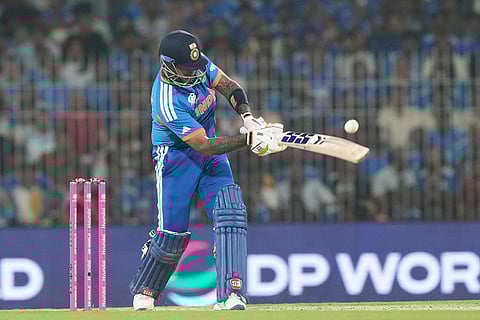India's captain Suryakumar Yadav plays a shot during the T20 World Cup cricket match between India and Zimbabwe in Chennai, India