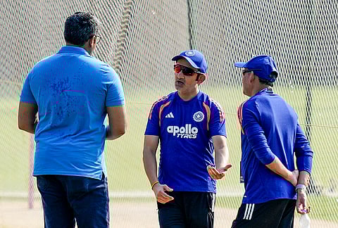 India's head coach Gautam Gambhir, centre, during a training session ahead of the ICC Men's T20 World Cup 2026 cricket match between India and Zimbabwe, at MA Chidambaram Stadium, in Chennai.