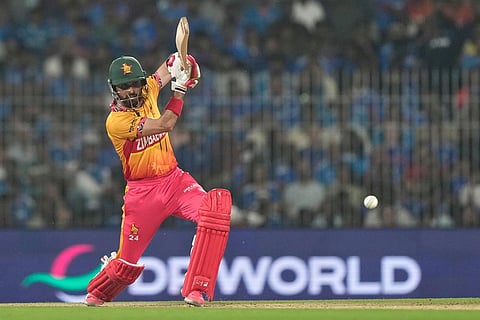Zimbabwe's captain Sikandar Raza plays a shot during the T20 World Cup cricket match between India and Zimbabwe in Chennai, India.