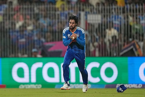 India's Tilak Varma takes the catch to get Zimbabwe's Dion Myers during the T20 World Cup cricket match between India and Zimbabwe in Chennai, India.